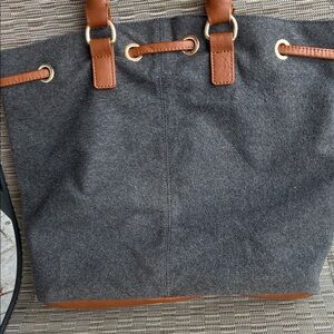 Talbots Gray Wool-Blend Tote with Brown Leather Trim